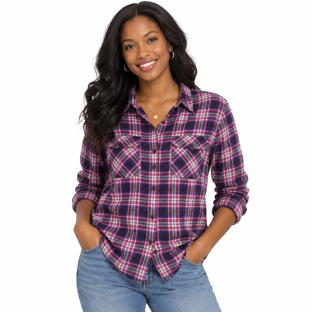 Eddie Bauer Cotton PLaid button up pink navy top. Women XL